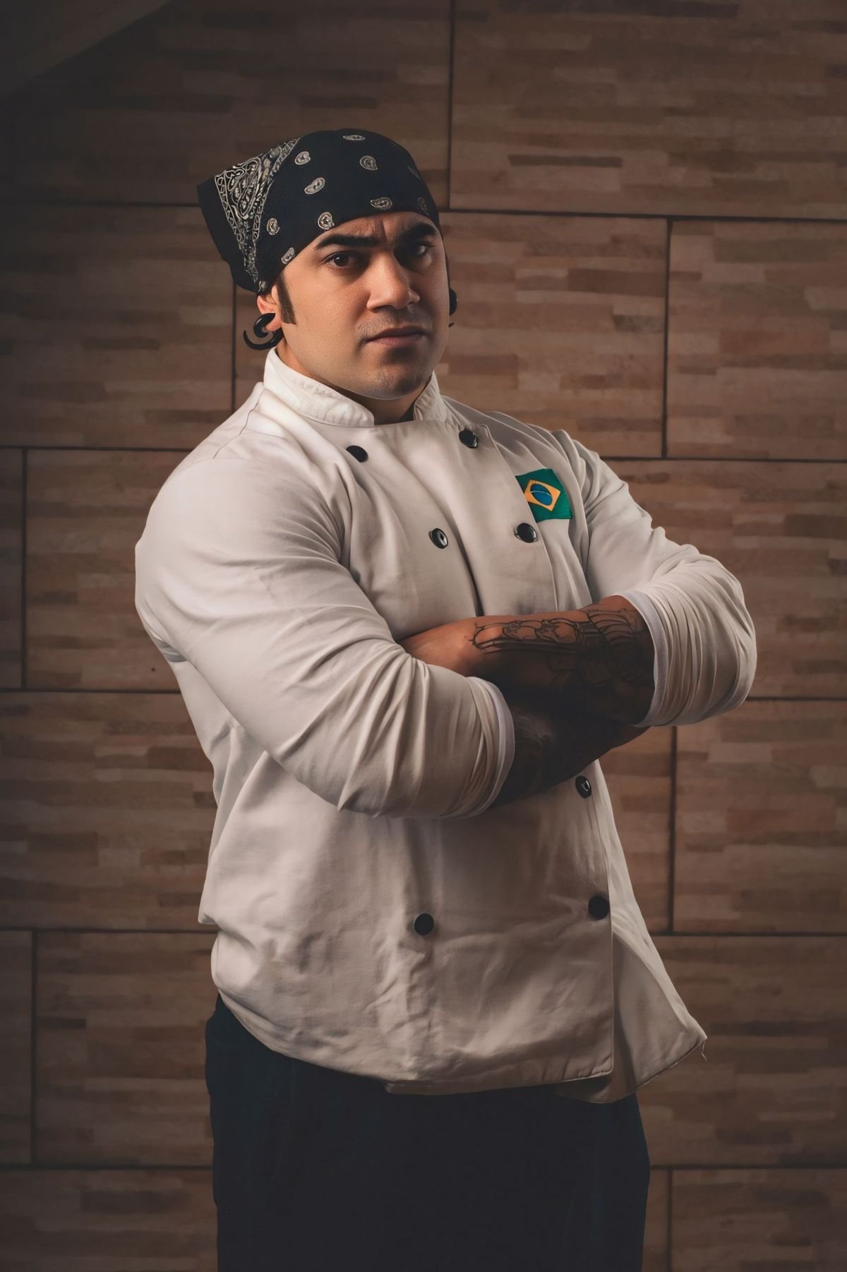 Stock portrait of a cook wearing a bandana